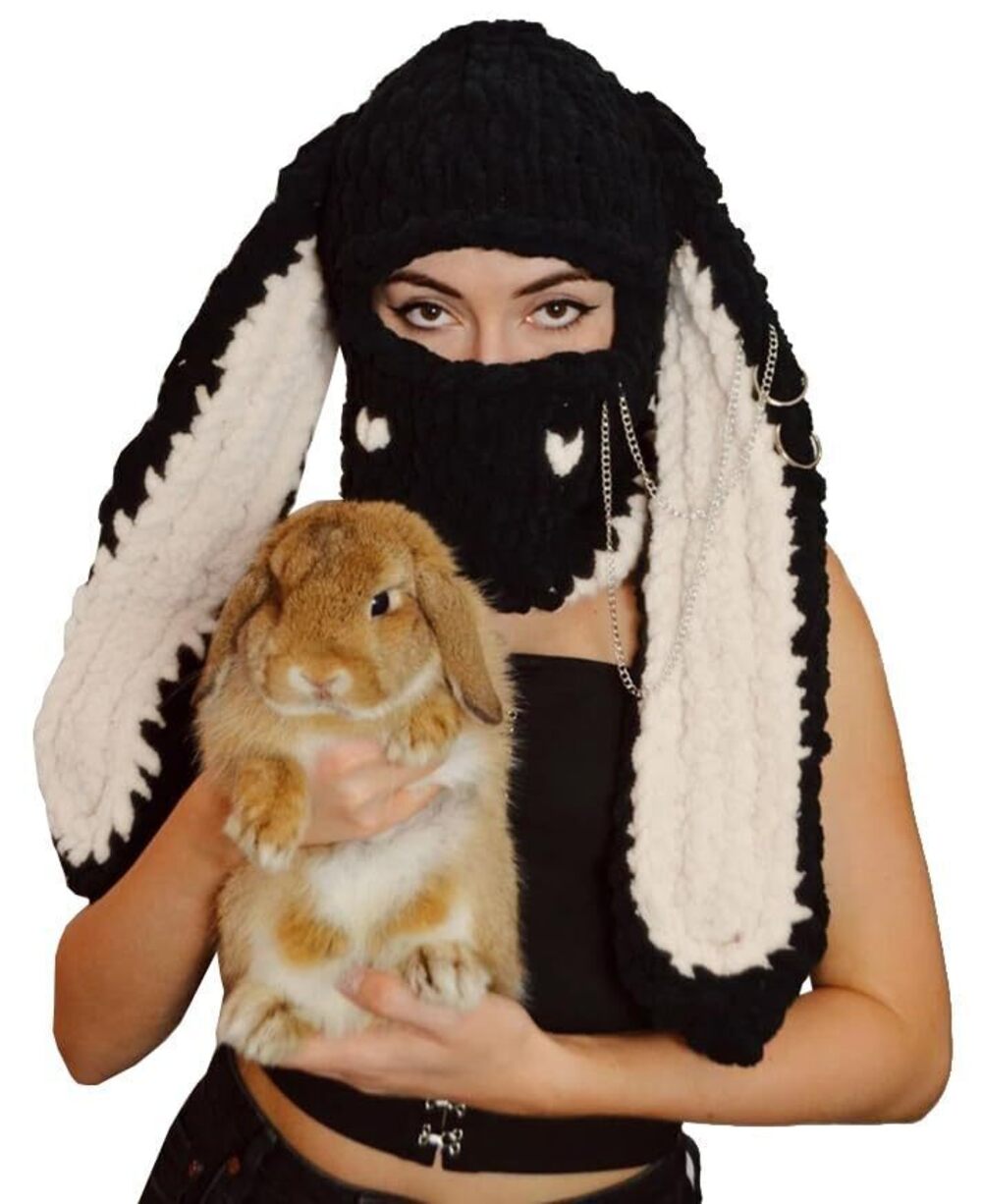 6497 Y2k Knit Balaclava Face Mask Bunny Ear Horn Ski Scarf Winter Warm Hat